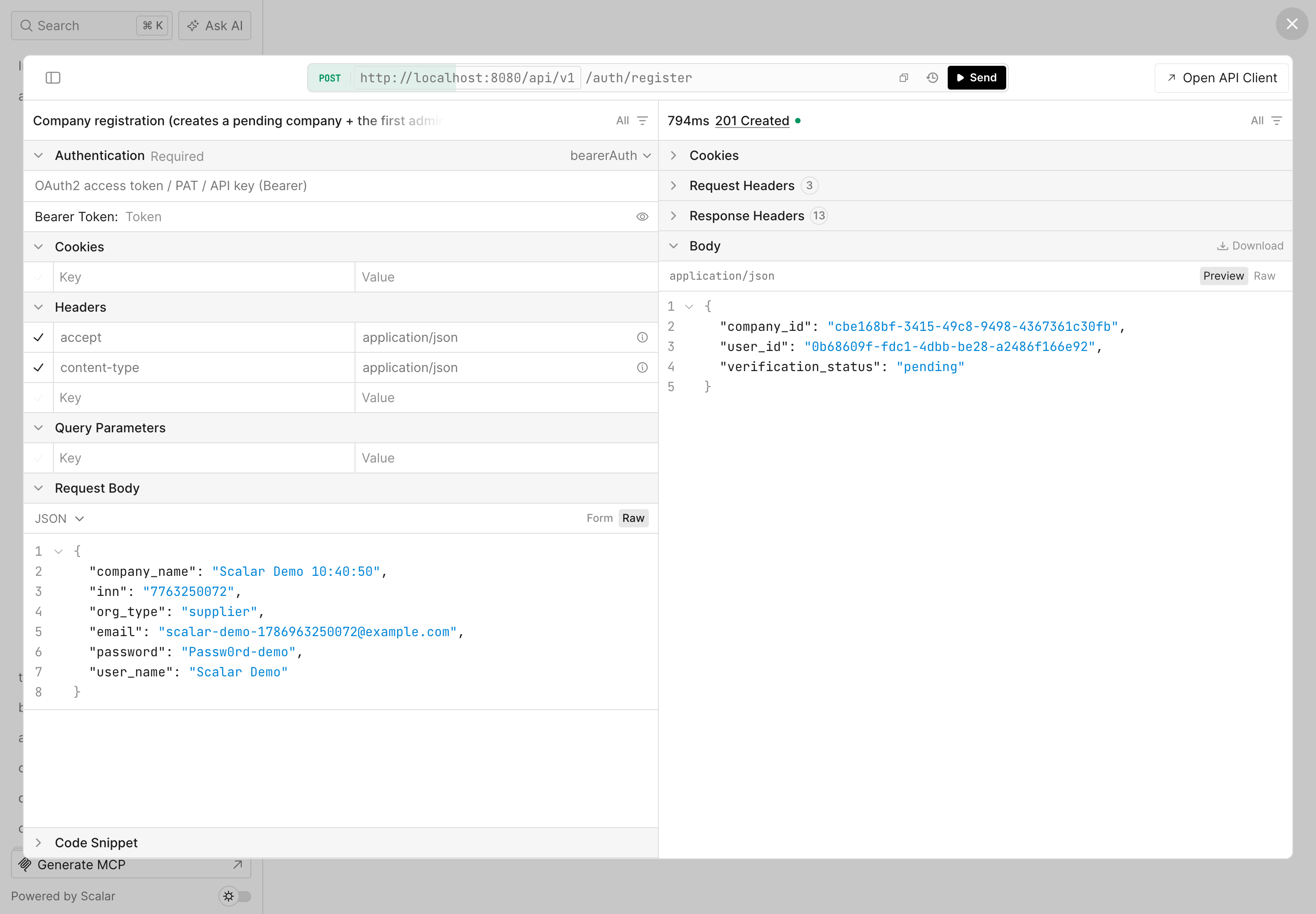 Scalar API Reference in Symfony: the live 201 response from POST /auth/register in Test Request — real UUIDs, 794 ms